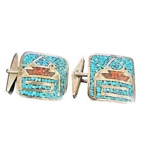 Vintage Native American Sterling Silver Chipped Turquoise Coral Mosaic Cufflinks